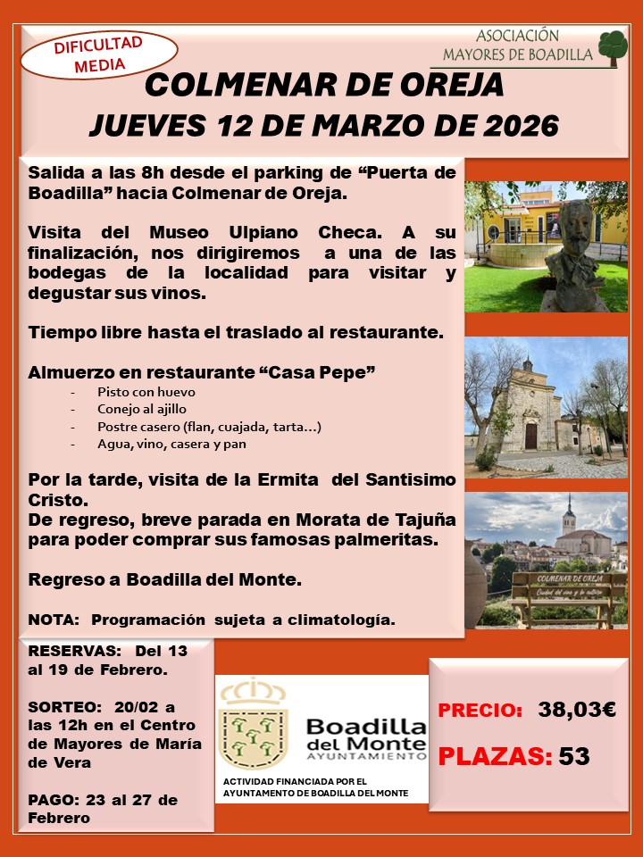 EXC. COLMENAR DE OREJA (JUEVES 12 MARZO 2026. SALIDA A LAS 8h DESDE PARKING PUERTA DE BOADILLA)